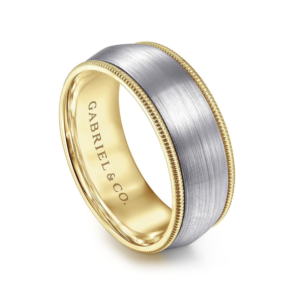 Gabriel & Co. Aaron Men's 8mm Satin Finish Rope Edge Wedding Ring in 14K White & Yellow Gold front view