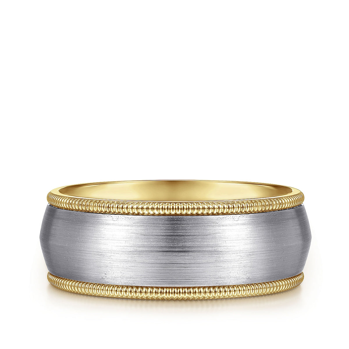Gabriel & Co. Aaron Men's 8mm Satin Finish Rope Edge Wedding Ring in 14K White & Yellow Gold