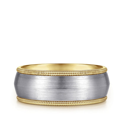 Gabriel & Co. Aaron Men's 8mm Satin Finish Rope Edge Wedding Ring in 14K White & Yellow Gold