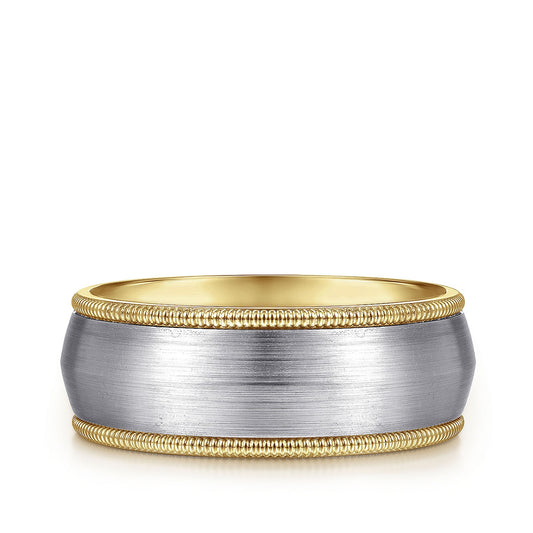 Gabriel & Co. Aaron Men's 8mm Satin Finish Rope Edge Wedding Ring in 14K White & Yellow Gold
