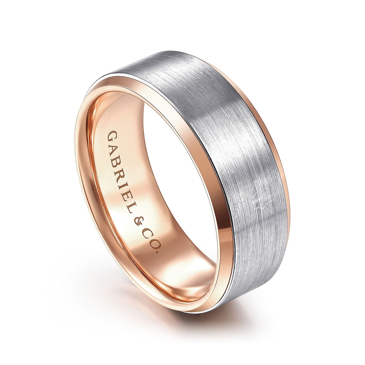 Gabriel & Co. Alexander Men's 8mm Satin Finish Beveled Edge Wedding Ring in 14K White & Pink Gold front view