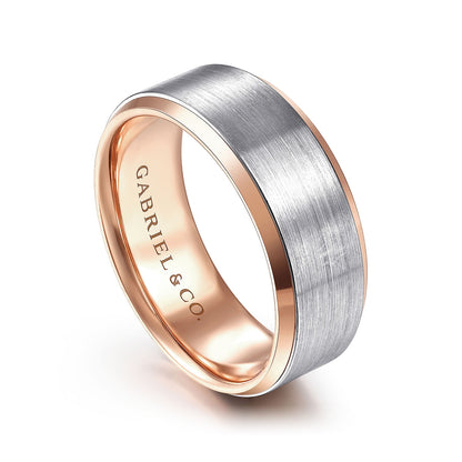 Gabriel & Co. Alexander Men's 8mm Satin Finish Beveled Edge Wedding Ring in 14K White & Pink Gold front view