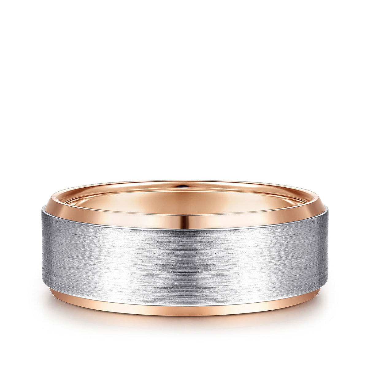 Gabriel & Co. Alexander Men's 8mm Satin Finish Beveled Edge Wedding Ring in 14K White & Pink Gold