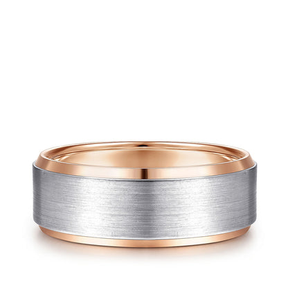 Gabriel & Co. Alexander Men's 8mm Satin Finish Beveled Edge Wedding Ring in 14K White & Pink Gold