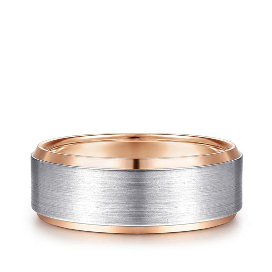 Gabriel & Co. Alexander Men's 8mm Satin Finish Beveled Edge Wedding Ring in 14K White & Pink Gold