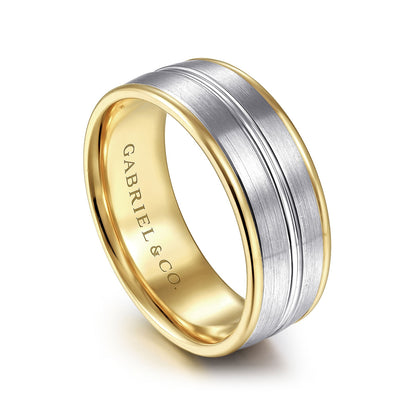 Gabriel & Co. Beaux Men's 8mm Satin Finish Center Line Wedding Ring in 14K White & Yellow Gold front view