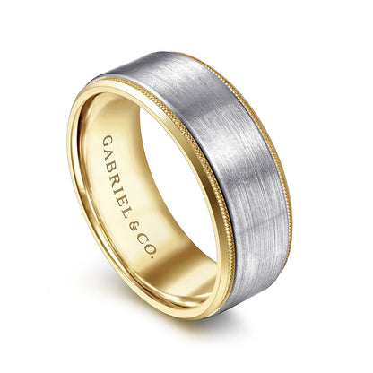 Gabriel & Co. Benjamin Men's 8mm Satin Finish Beveled Edge Wedding Ring in 14K White & Yellow Gold front view