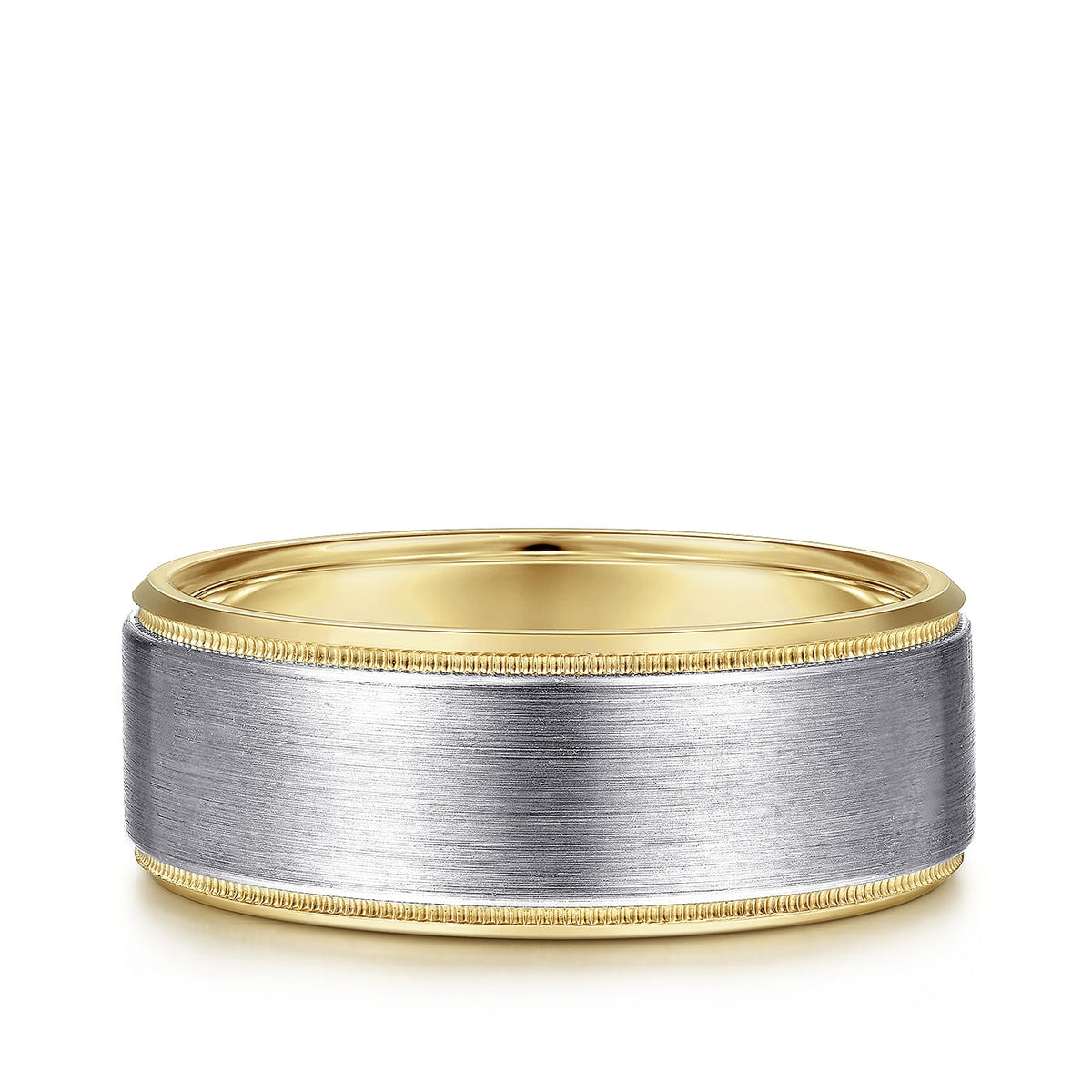 Gabriel & Co. Benjamin Men's 8mm Satin Finish Beveled Edge Wedding Ring in 14K White & Yellow Gold