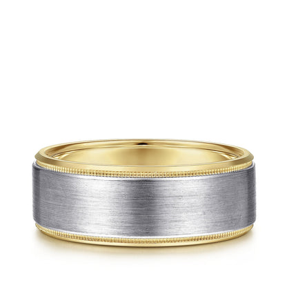 Gabriel & Co. Benjamin Men's 8mm Satin Finish Beveled Edge Wedding Ring in 14K White & Yellow Gold