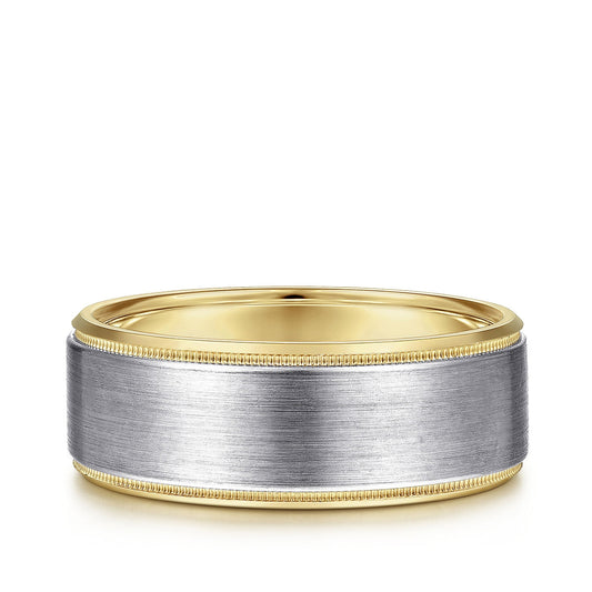 Gabriel & Co. Benjamin Men's 8mm Satin Finish Beveled Edge Wedding Ring in 14K White & Yellow Gold