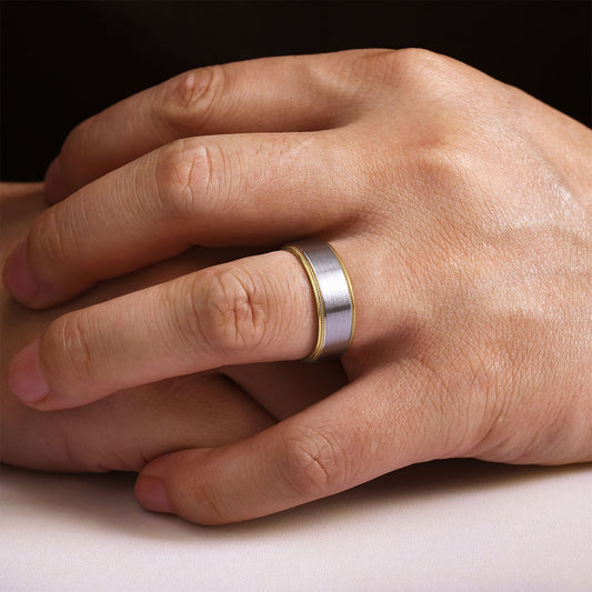 Gabriel & Co. Benjamin Men's 8mm Satin Finish Beveled Edge Wedding Ring in 14K White & Yellow Gold close-up detail