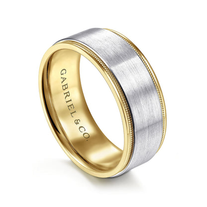Gabriel & Co. Liam Men's 8mm Satin Finish Textured Edge Wedding Ring in 14K White & Yellow Gold front view