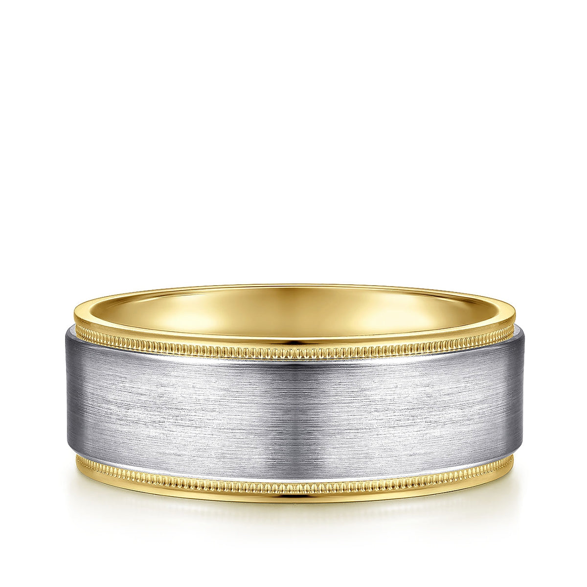Gabriel & Co. Liam Men's 8mm Satin Finish Textured Edge Wedding Ring in 14K White & Yellow Gold
