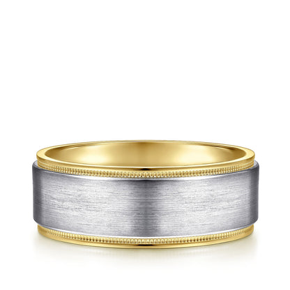 Gabriel & Co. Liam Men's 8mm Satin Finish Textured Edge Wedding Ring in 14K White & Yellow Gold