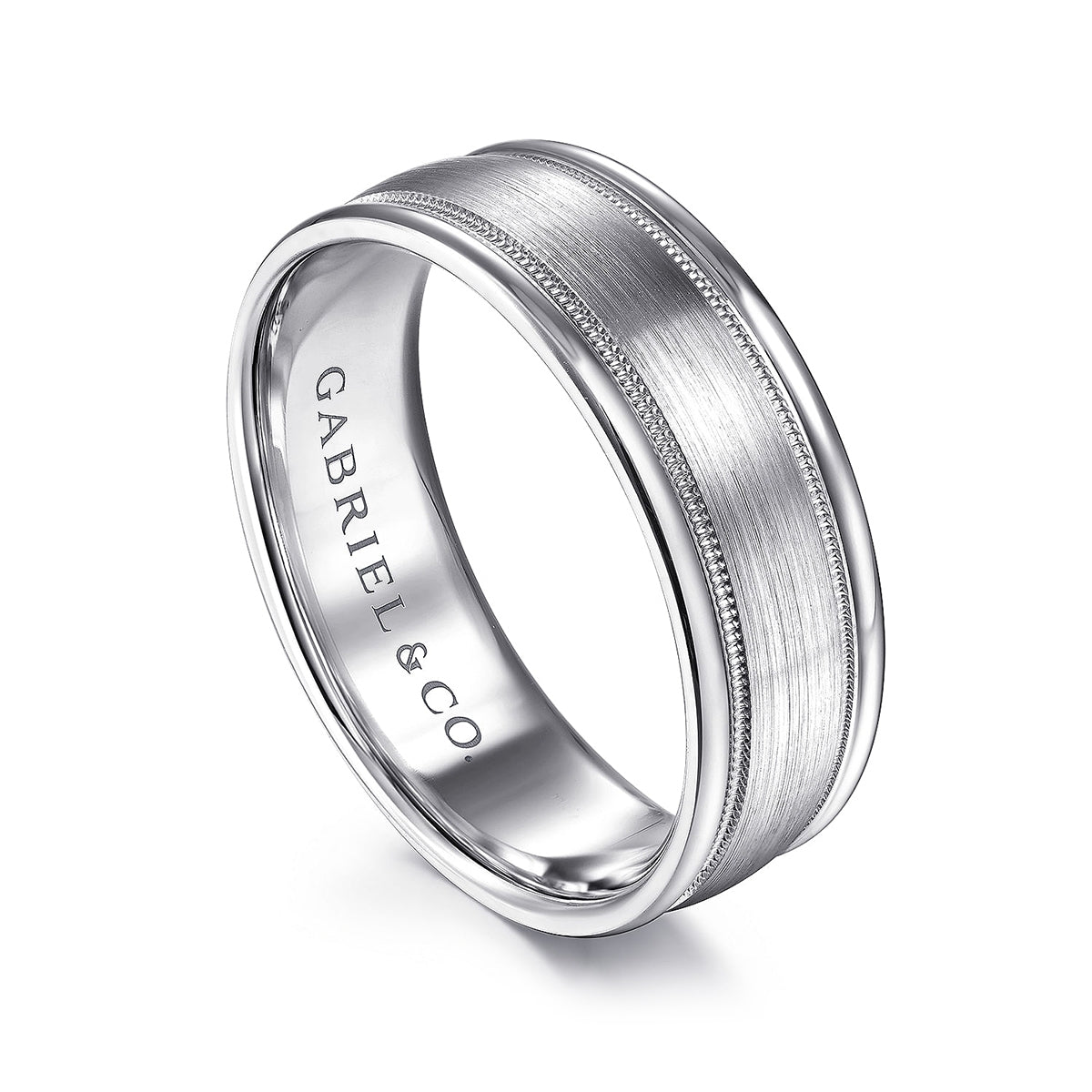 Gabriel & Co. Joseph Men's 7mm Satin Finish Polished Edge Wedding Ring in 14K White Gold front view