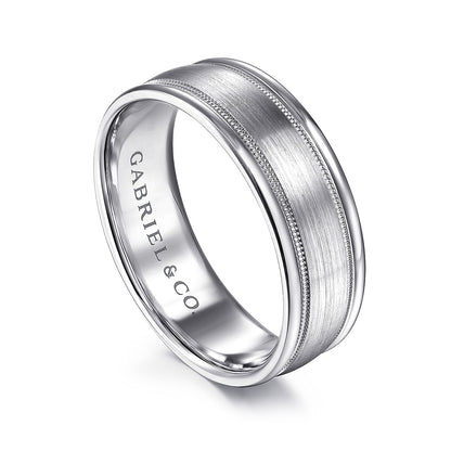 Gabriel & Co. Joseph Men's 7mm Satin Finish Polished Edge Wedding Ring in 14K White Gold front view