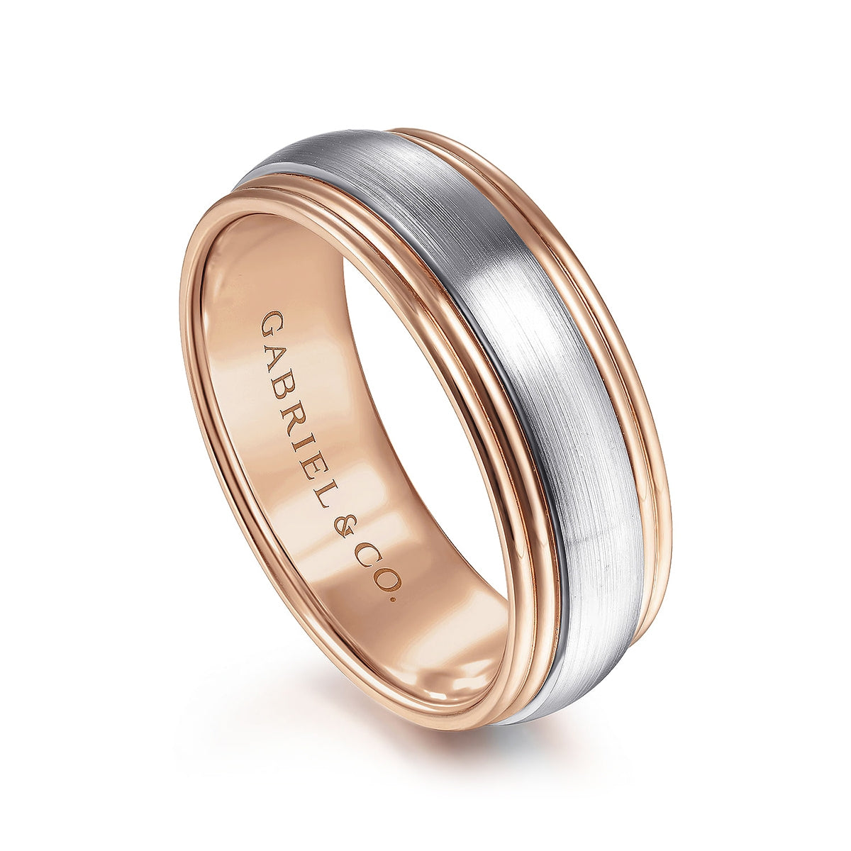 Gabriel & Co. Derek Men's 8mm Satin Finish Step Edge Wedding Ring in 14K White & Pink Gold front view