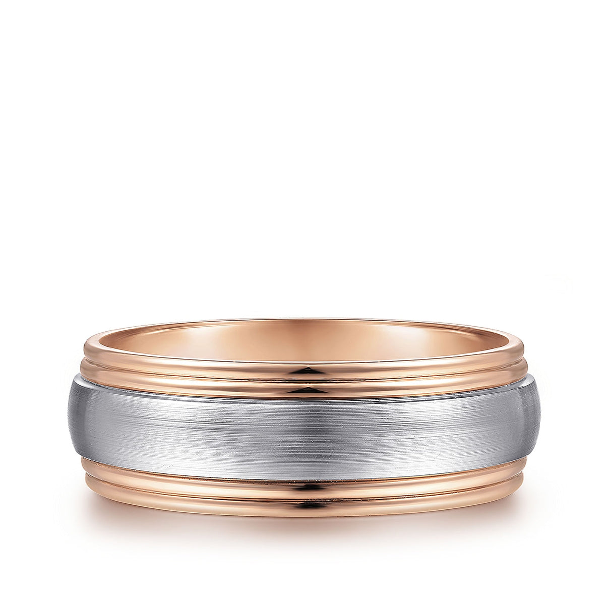 Gabriel & Co. Derek Men's 8mm Satin Finish Step Edge Wedding Ring in 14K White & Pink Gold