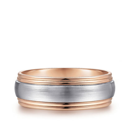 Gabriel & Co. Derek Men's 8mm Satin Finish Step Edge Wedding Ring in 14K White & Pink Gold