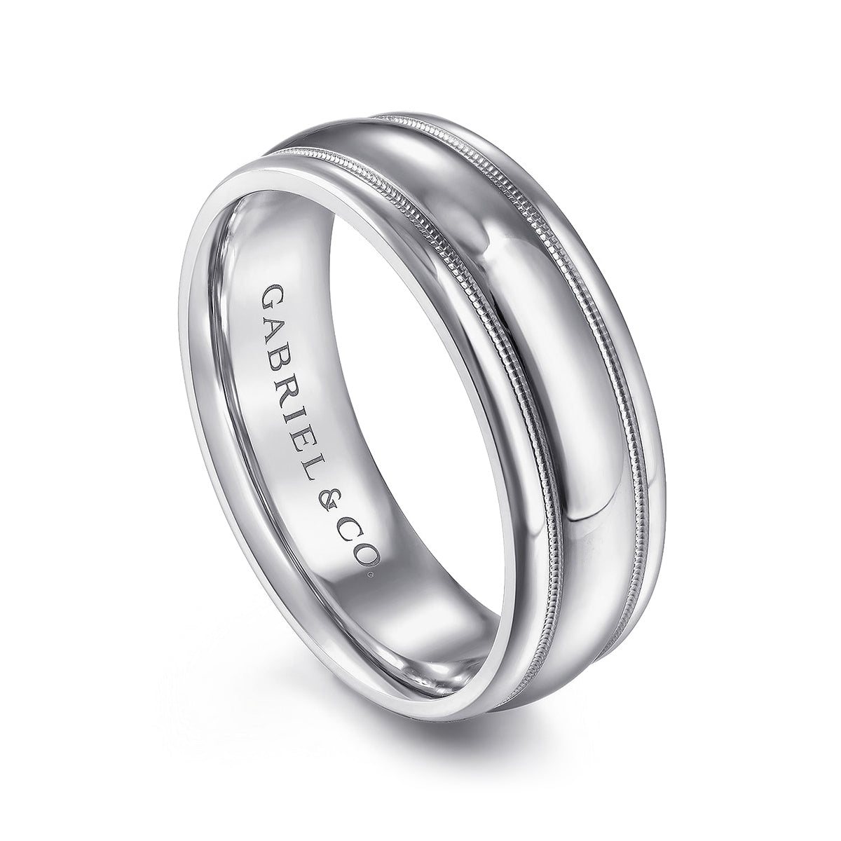 Gabriel & Co. William Men's 7mm Polished Finish Raised Center Wedding Ring in 14K White Gold front view