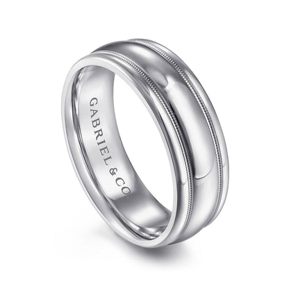 Gabriel & Co. William Men's 7mm Polished Finish Raised Center Wedding Ring in 14K White Gold front view