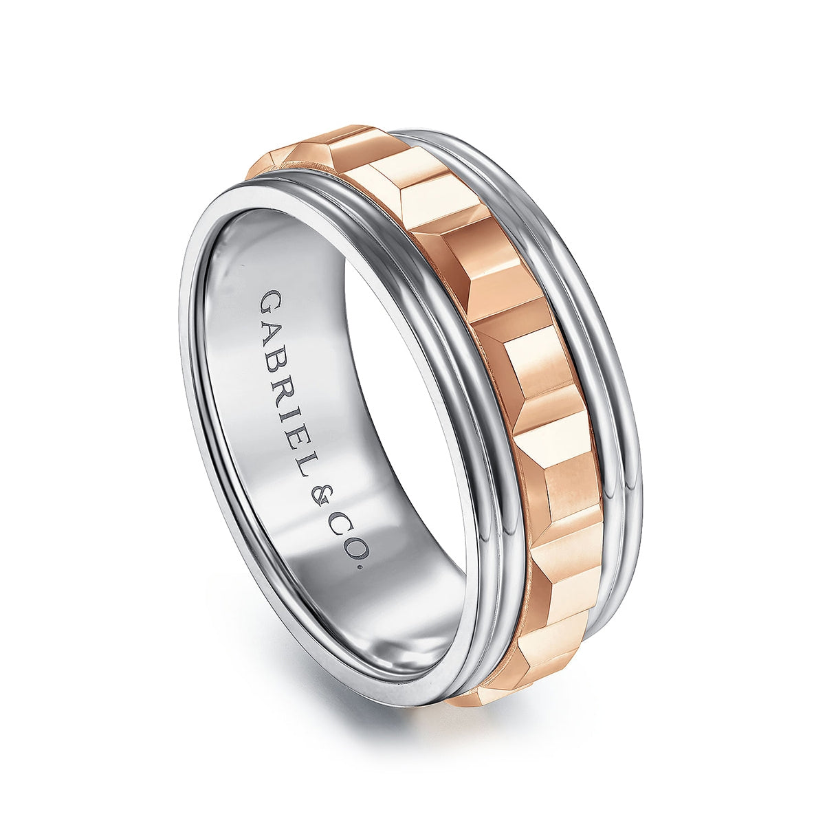 Gabriel & Co. Dominick Men's 8mm Grommet Inlay Wedding Ring in 14K Pink & White Gold front view