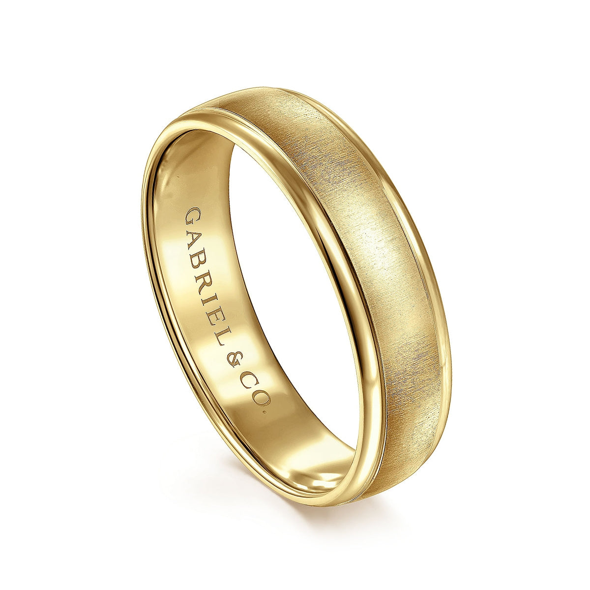 Gabriel & Co. Elijah Men's 6mm Sandblast Finish Polished Edge Wedding Ring in 14K Yellow Gold front view
