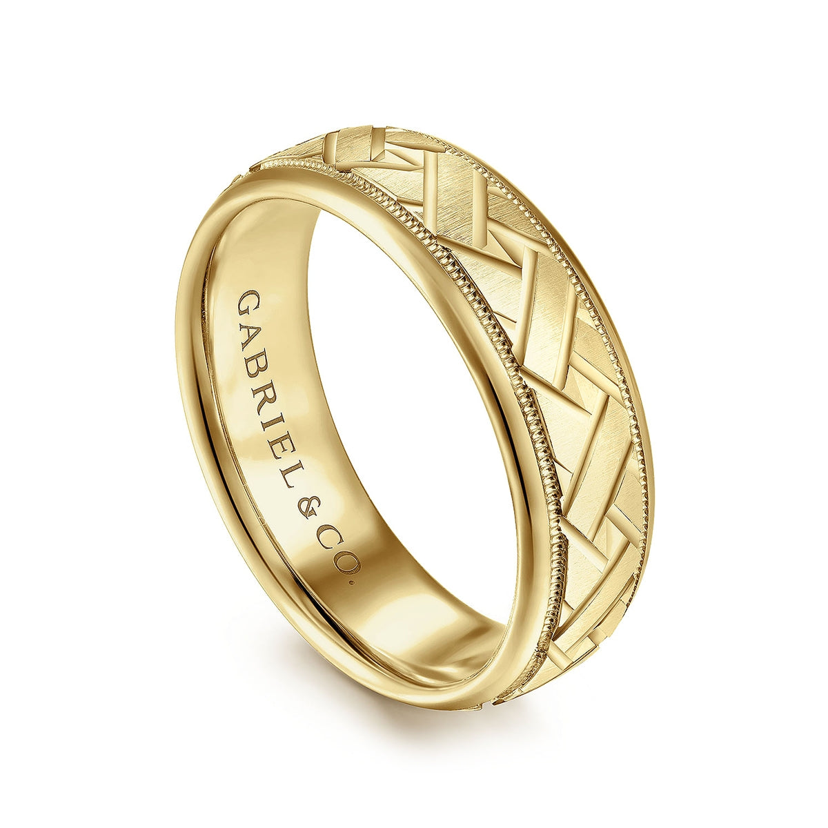 Gabriel & Co. Oliver Men's 7mm Satin Finish Engraved Woven Wedding Ring in 14K Yellow Gold front view