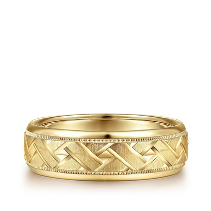 Gabriel & Co. Oliver Men's 7mm Satin Finish Engraved Woven Wedding Ring in 14K Yellow Gold