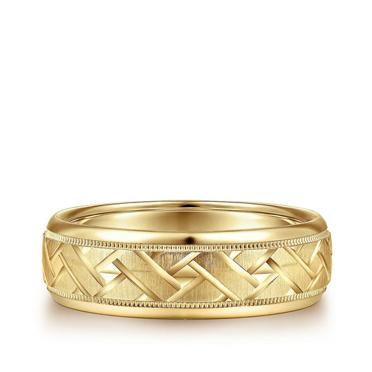 Gabriel & Co. Oliver Men's 7mm Satin Finish Engraved Woven Wedding Ring in 14K Yellow Gold