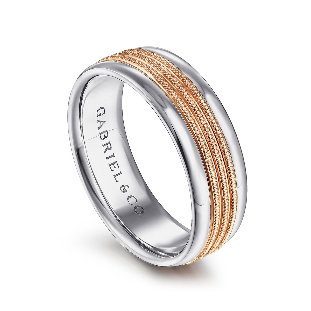 Gabriel & Co. Ethan Men's 7mm Rope Textured Polished Edge Wedding Ring in 14k Pink & White Gold front view