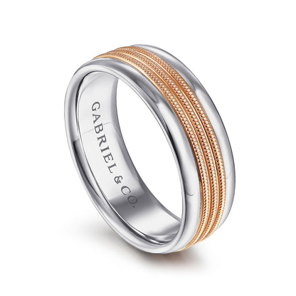 Gabriel & Co. Ethan Men's 7mm Rope Textured Polished Edge Wedding Ring in 14k Pink & White Gold front view