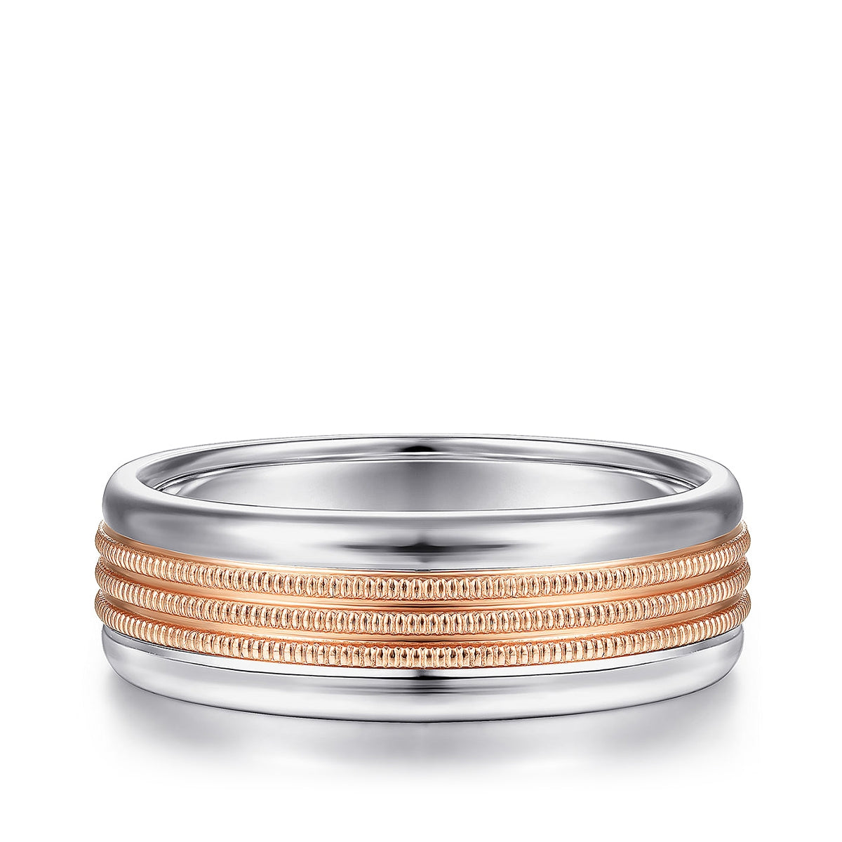 Gabriel & Co. Ethan Men's 7mm Rope Textured Polished Edge Wedding Ring in 14k Pink & White Gold