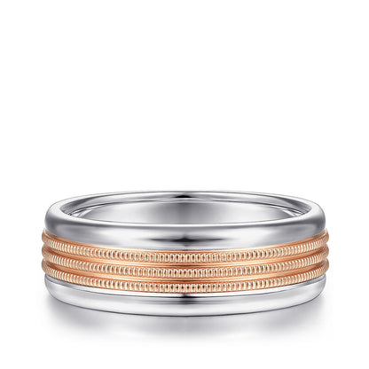 Gabriel & Co. Ethan Men's 7mm Rope Textured Polished Edge Wedding Ring in 14k Pink & White Gold