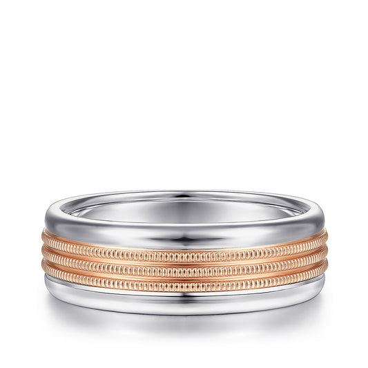 Gabriel & Co. Ethan Men's 7mm Rope Textured Polished Edge Wedding Ring in 14k Pink & White Gold