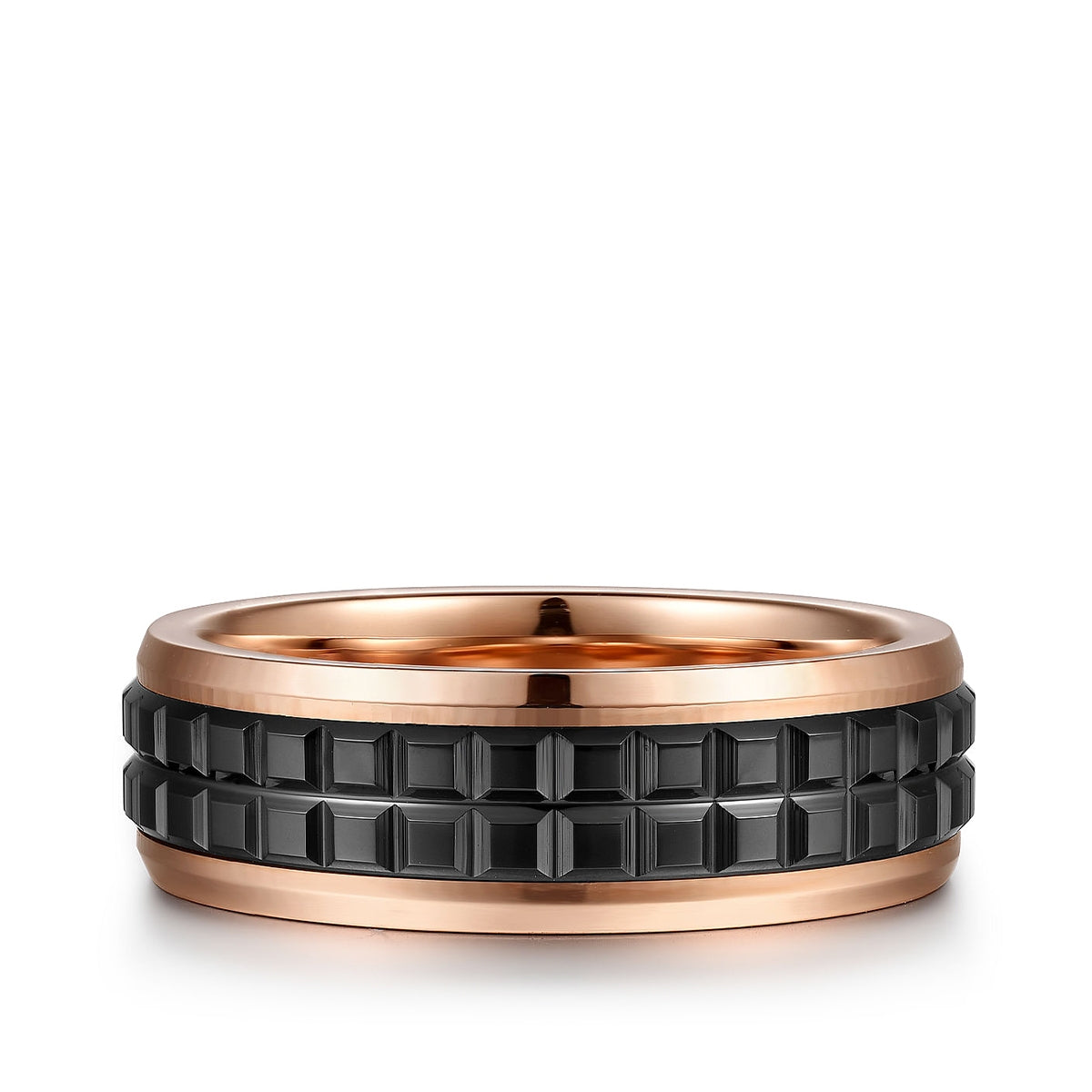 Gabriel & Co. Brad Men's 7mm Black Ceramic Beveled Edge Wedding Ring in 14K Pink Gold