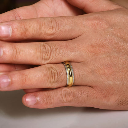 Gabriel & Co. Damien Men's 6mm Polished Finish Milgrain Step Edge Wedding Ring in 14K Yellow & White Gold front view