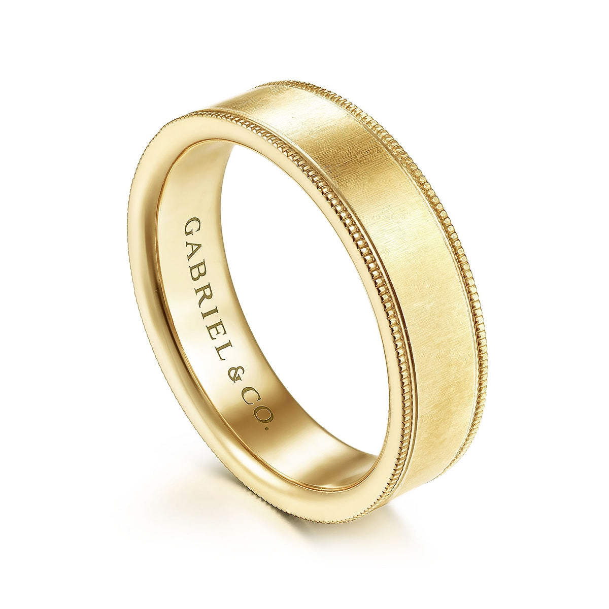 Gabriel & Co. Jason Men's 6mm Sandblast Finish Milgrain Edge Wedding Ring in 14K Yellow Gold front view