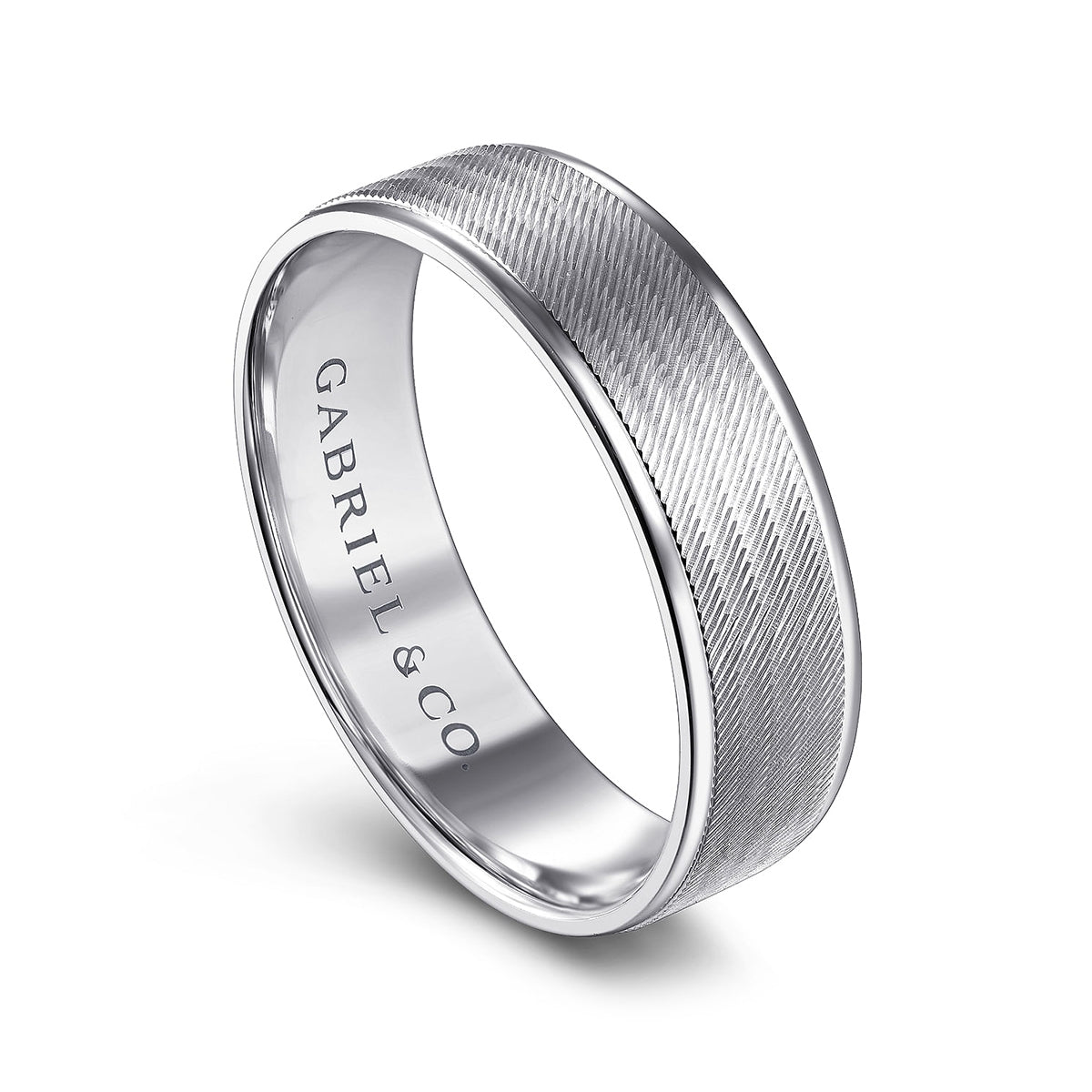 Gabriel & Co. Jacob Men's 6mm Brushed Finish Polished Edge Wedding Ring in 14K White Gold front view