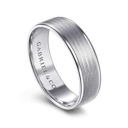 Gabriel & Co. Jacob Men's 6mm Brushed Finish Polished Edge Wedding Ring in 14K White Gold front view