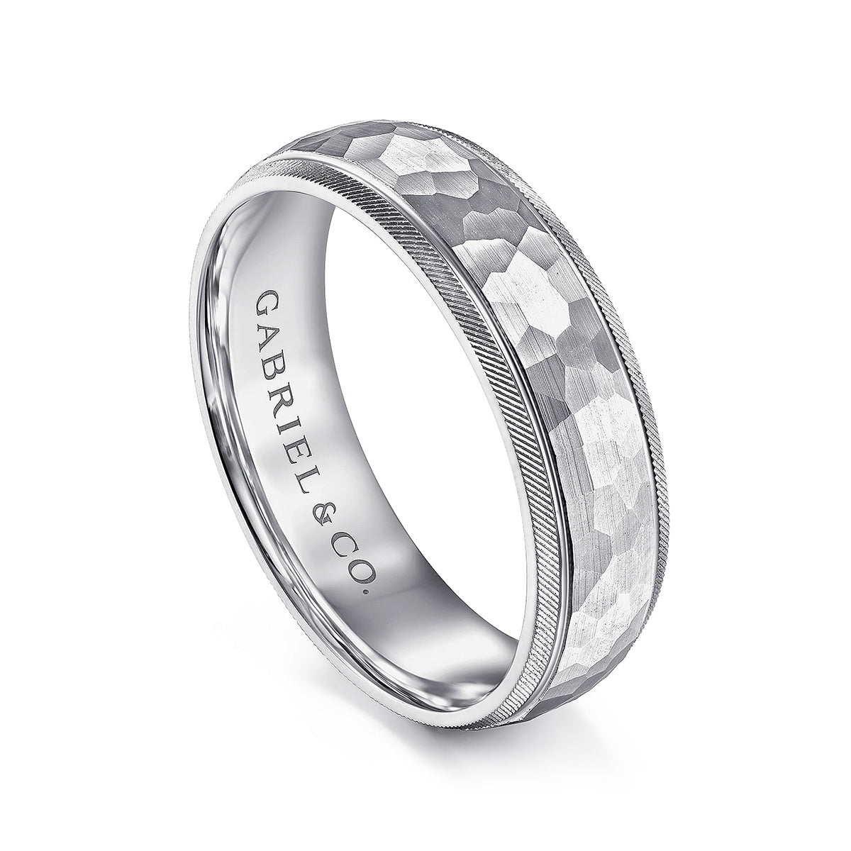 Gabriel & Co. Simon Men's 6mm Hammered Finish Beveled Edge Wedding Ring in 14K White Gold front view