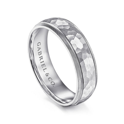 Gabriel & Co. Simon Men's 6mm Hammered Finish Beveled Edge Wedding Ring in 14K White Gold front view