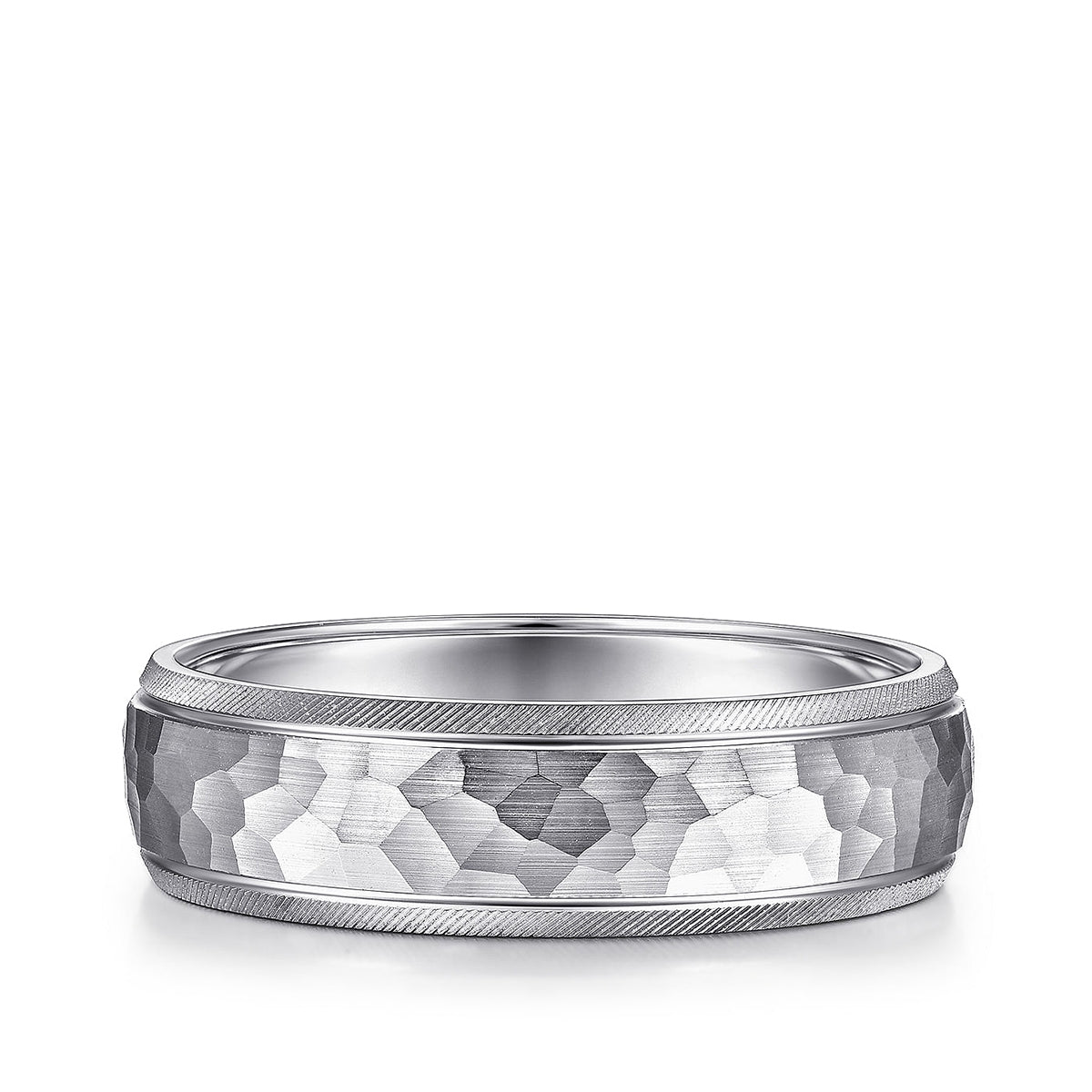 Gabriel & Co. Simon Men's 6mm Hammered Finish Beveled Edge Wedding Ring in 14K White Gold