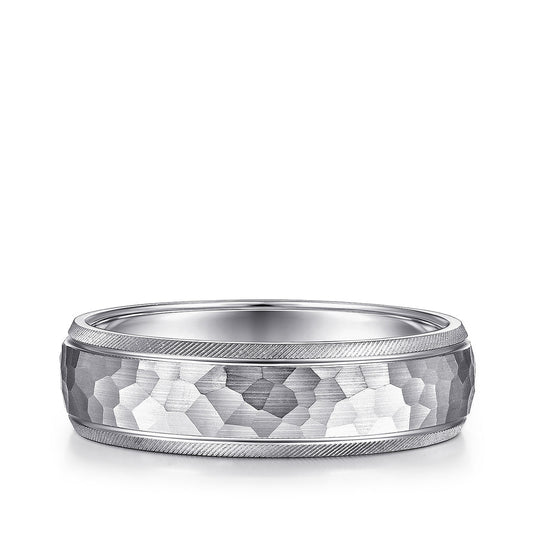 Gabriel & Co. Simon Men's 6mm Hammered Finish Beveled Edge Wedding Ring in 14K White Gold