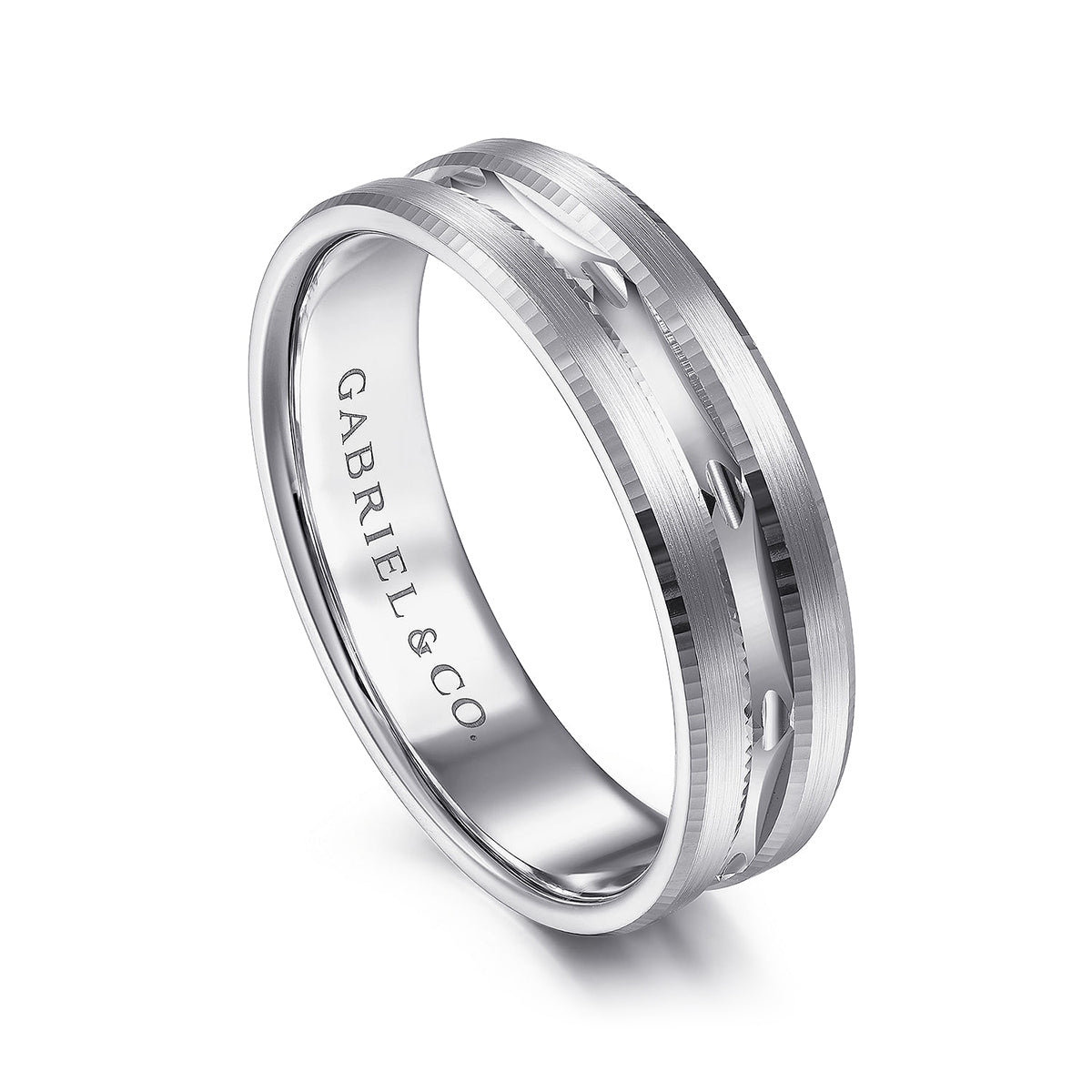 Gabriel & Co. Daniel Men's 6mm Satin Finish Carved Wedding Ring in 14K White Gold front view