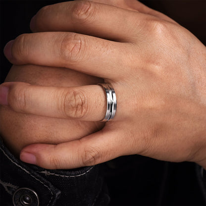 Gabriel & Co. Daniel Men's 6mm Satin Finish Carved Wedding Ring in 14K White Gold close-up detail