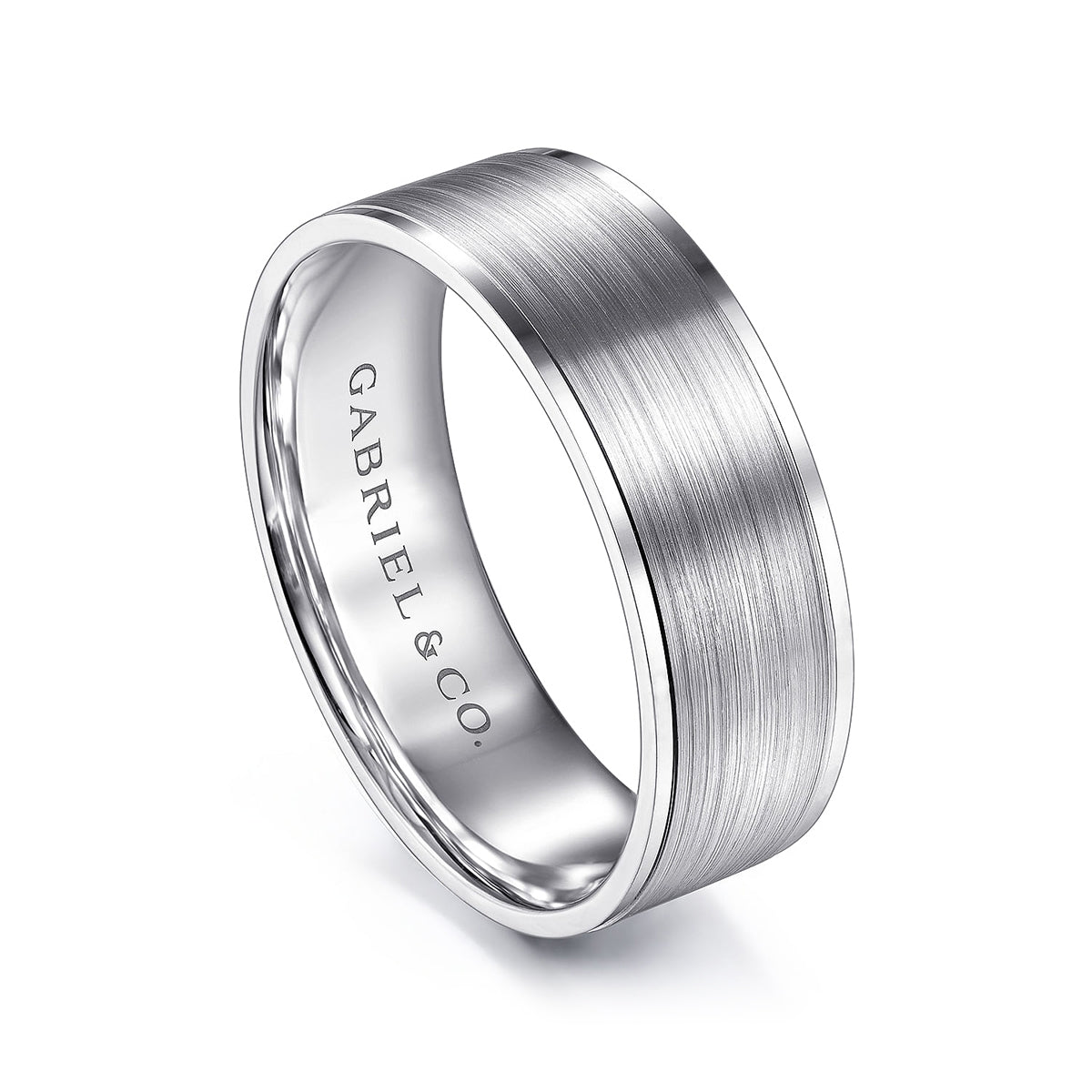 Gabriel & Co. Michael Men's 7mm Satin Finish Polished Edge Wedding Ring in 14K White Gold front view