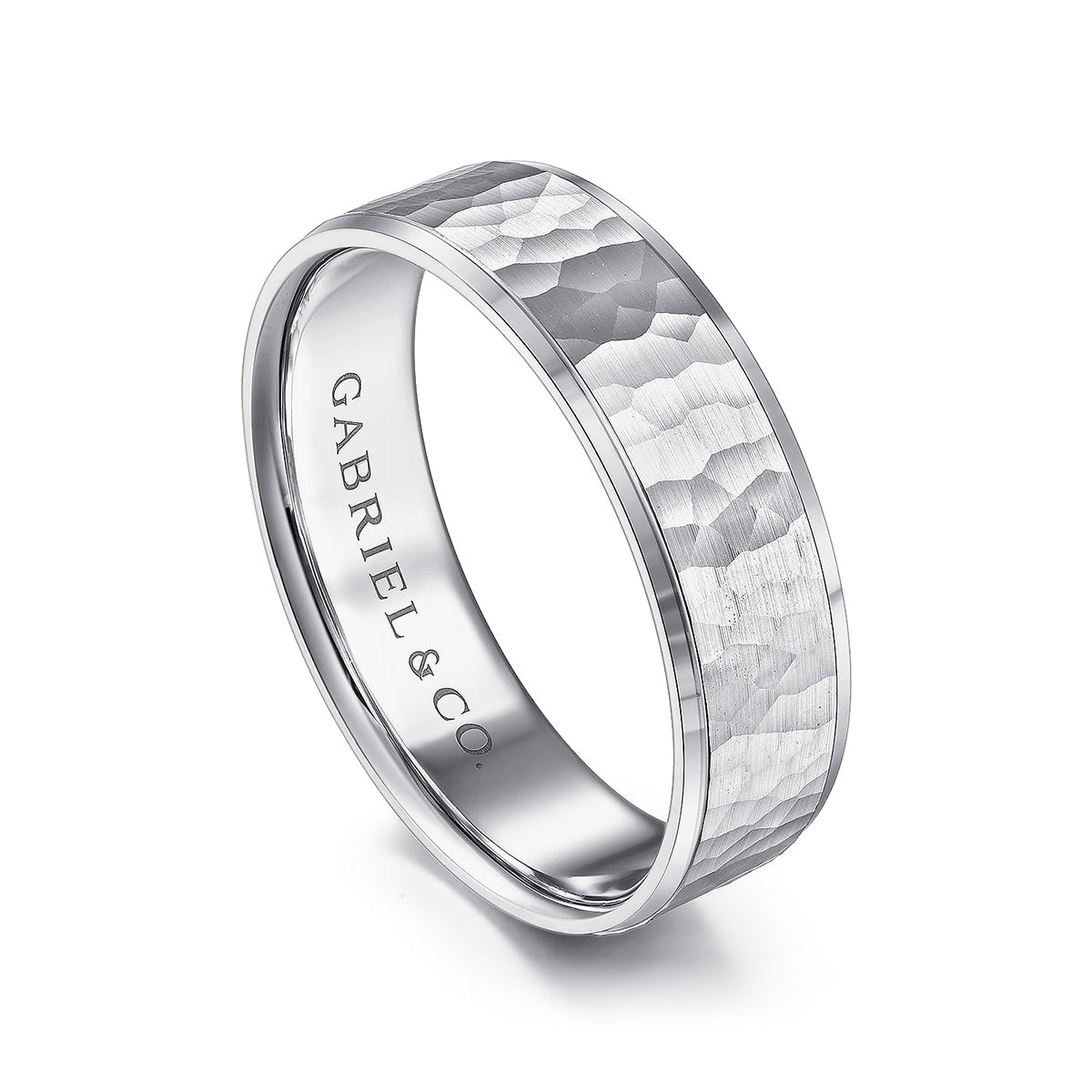 Gabriel & Co. Aiden Men's 6mm Hammered Finish Polished Edge Wedding Ring in 14K White Gold front view