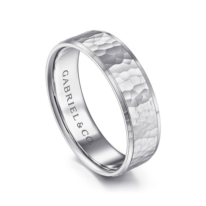 Gabriel & Co. Aiden Men's 6mm Hammered Finish Polished Edge Wedding Ring in 14K White Gold front view