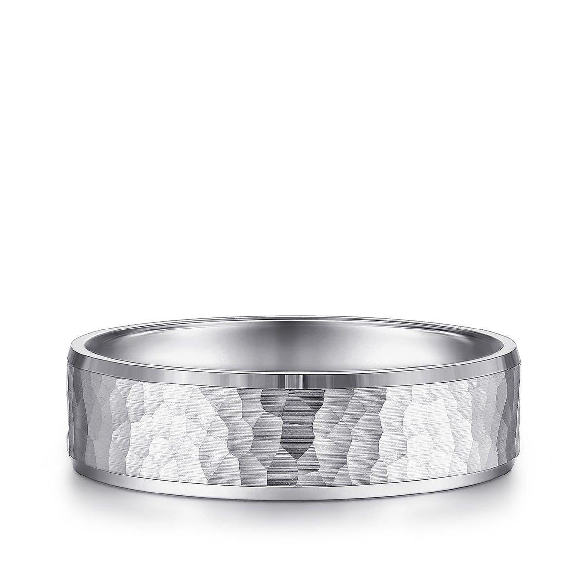 Gabriel & Co. Aiden Men's 6mm Hammered Finish Polished Edge Wedding Ring in 14K White Gold